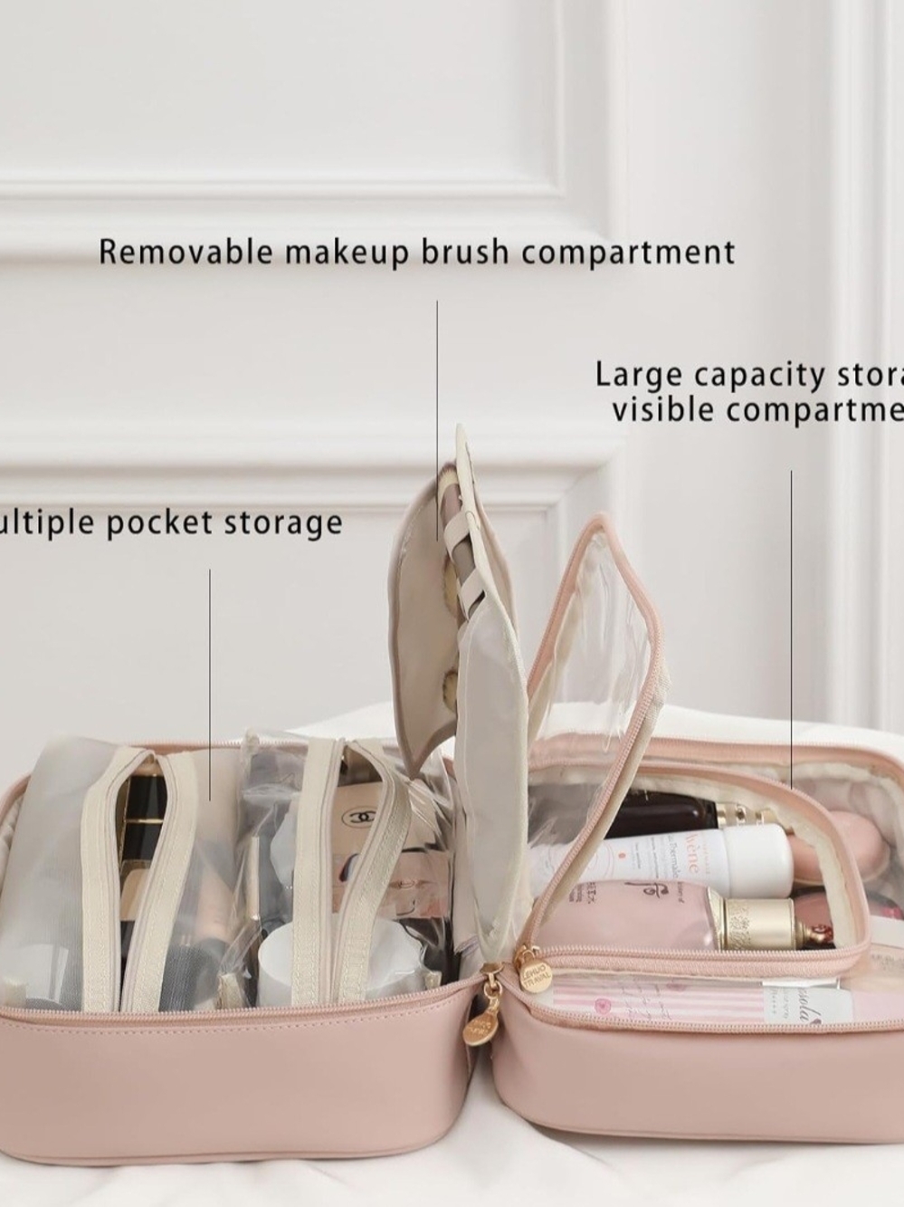 New Rose Pink Travel Cosmetic Bag with Multiple Compartments Large